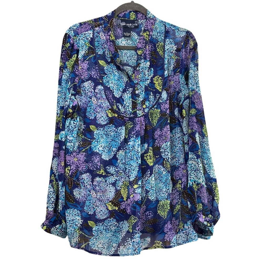 Susan Graver Style size L semi sheer blue floral pin tuck long sleeve button top